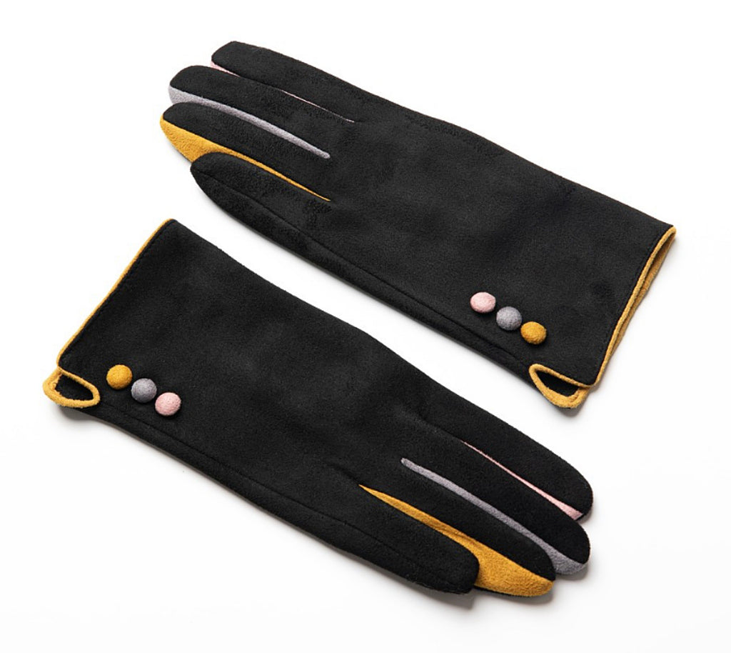 Black Gloves Ladies Beautiful Soft Fashion Gloves Button Feature & Coloured Fingers (One Size) (Copy)