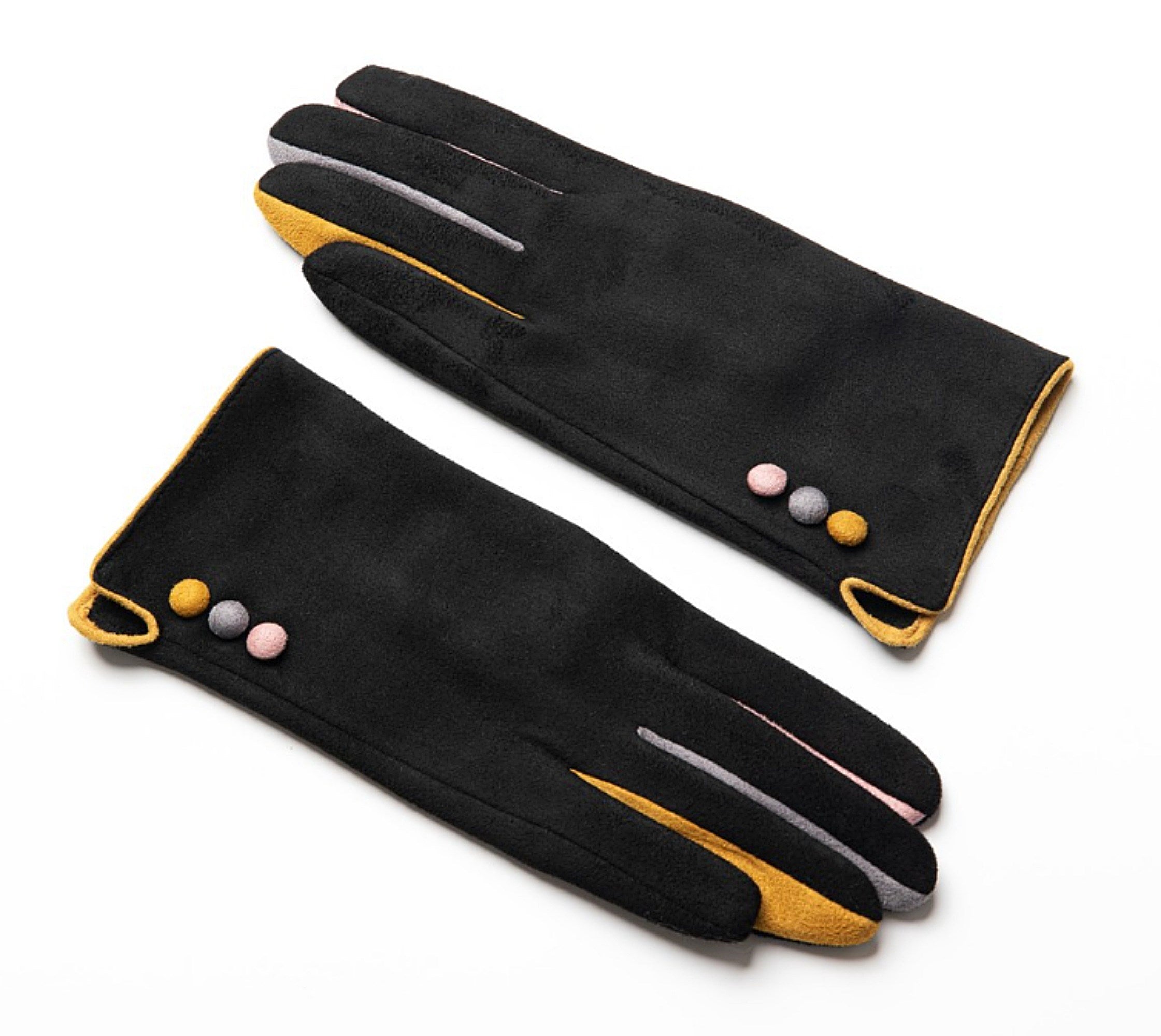 Black Gloves Ladies Beautiful Soft Fashion Gloves Button Feature & Coloured Fingers (One Size) (Copy)