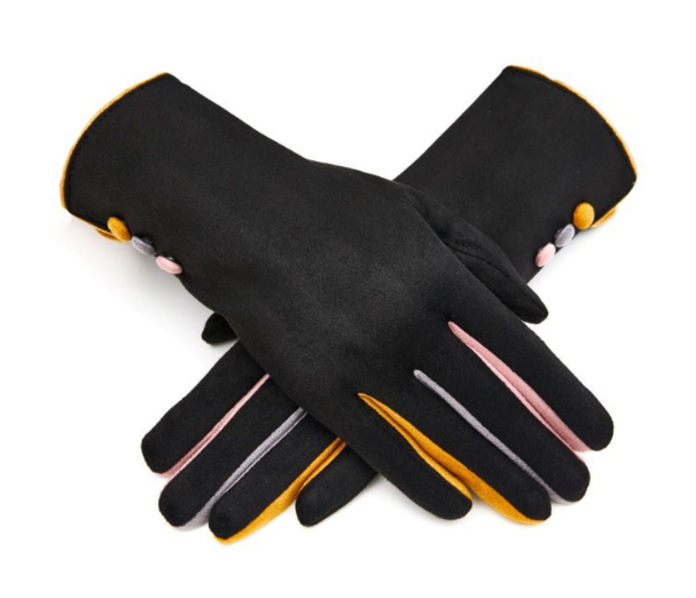 Black Gloves Ladies Beautiful Soft Fashion Gloves Button Feature & Coloured Fingers (One Size) (Copy)