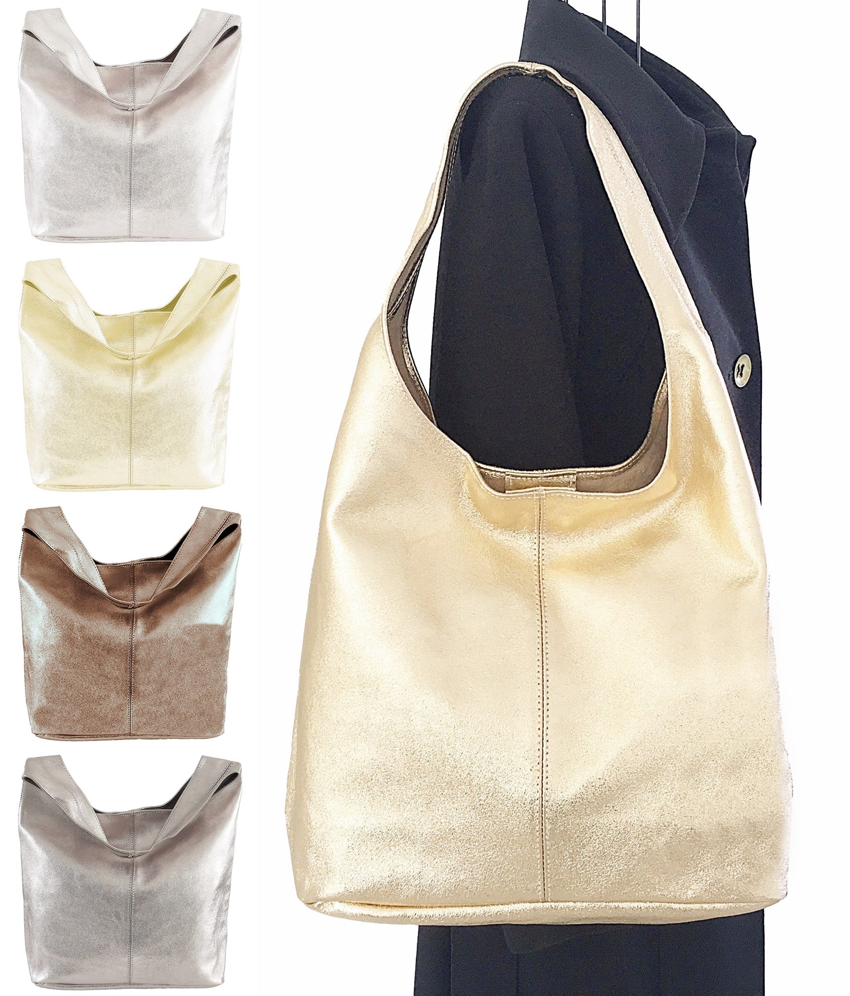 Handmade Soft Italian Metallic Leather Large Hobo Slouch Shoulder Bag Handbag