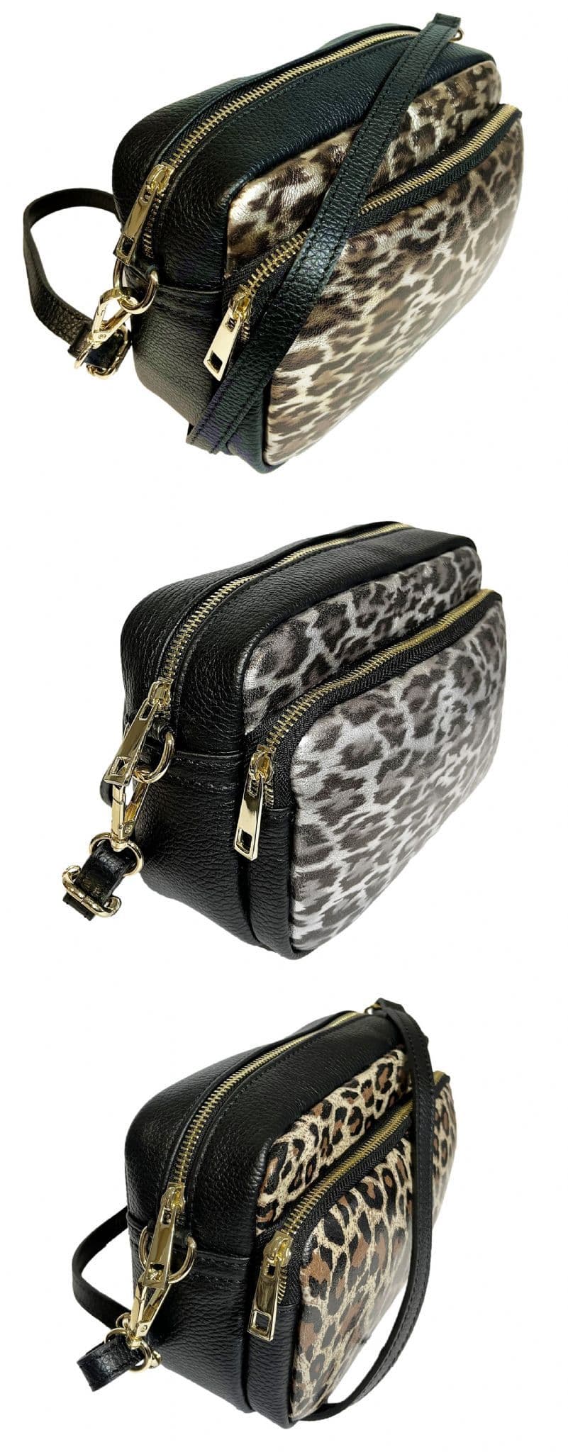Animal Print Large Camera Bag Double Zip & Compartment Crossbody Shoulder Italian Leather Handbag