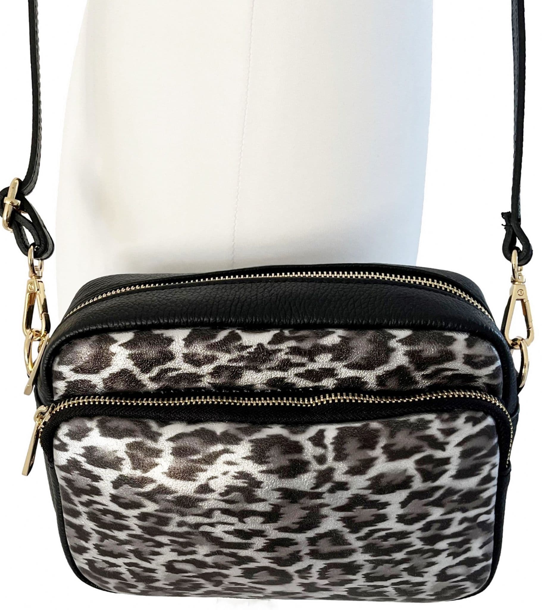 Animal Print Large Camera Bag Double Zip & Compartment Crossbody Shoulder Italian Leather Handbag