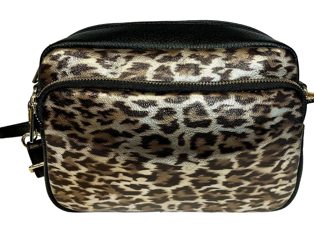Animal Print Large Camera Bag Double Zip & Compartment Crossbody Shoulder Italian Leather Handbag