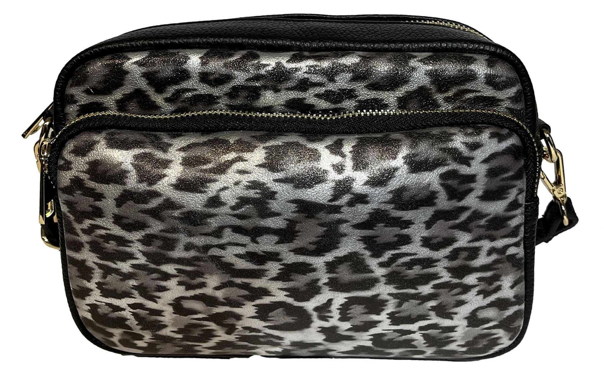 Animal Print Large Camera Bag Double Zip & Compartment Crossbody Shoulder Italian Leather Handbag