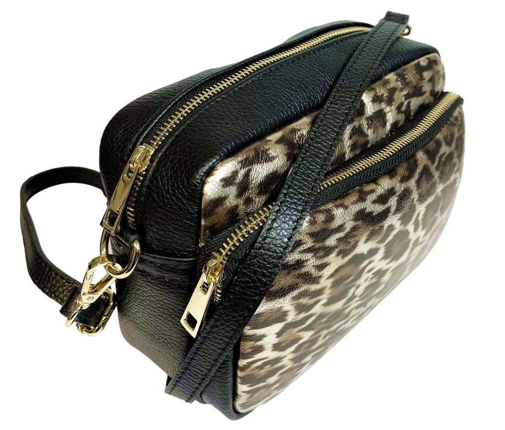 Animal Print Large Camera Bag Double Zip & Compartment Crossbody Shoulder Italian Leather Handbag