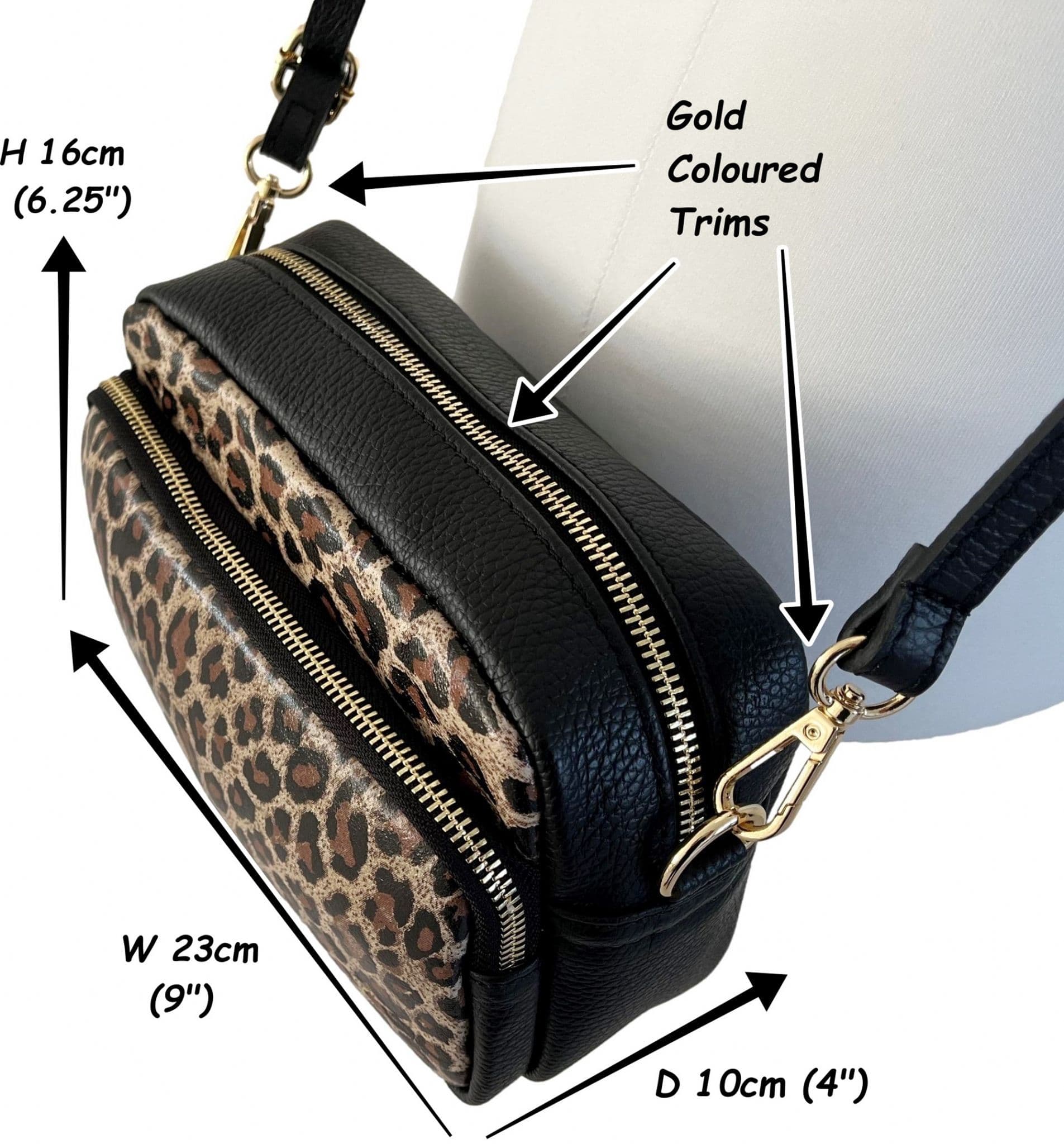Animal Print Large Camera Bag Double Zip & Compartment Crossbody Shoulder Italian Leather Handbag