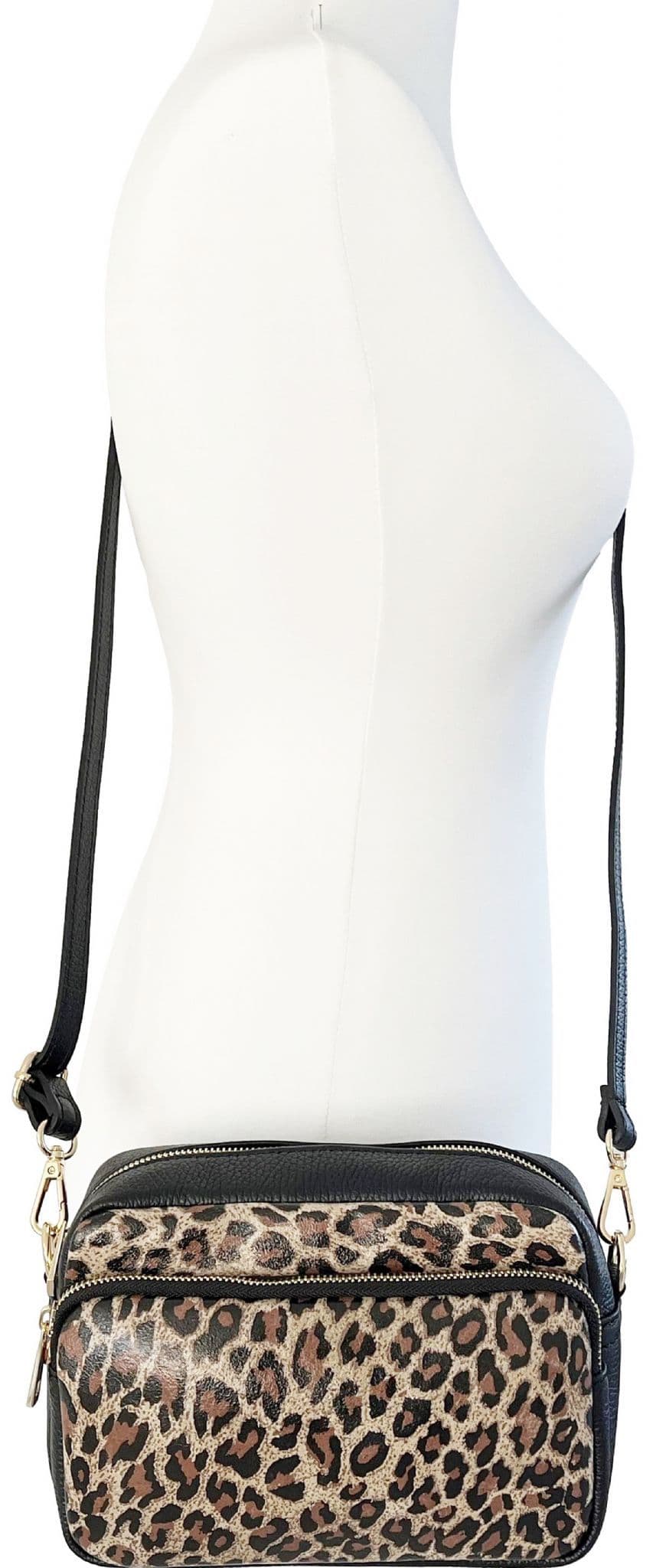 Animal Print Large Camera Bag Double Zip & Compartment Crossbody Shoulder Italian Leather Handbag