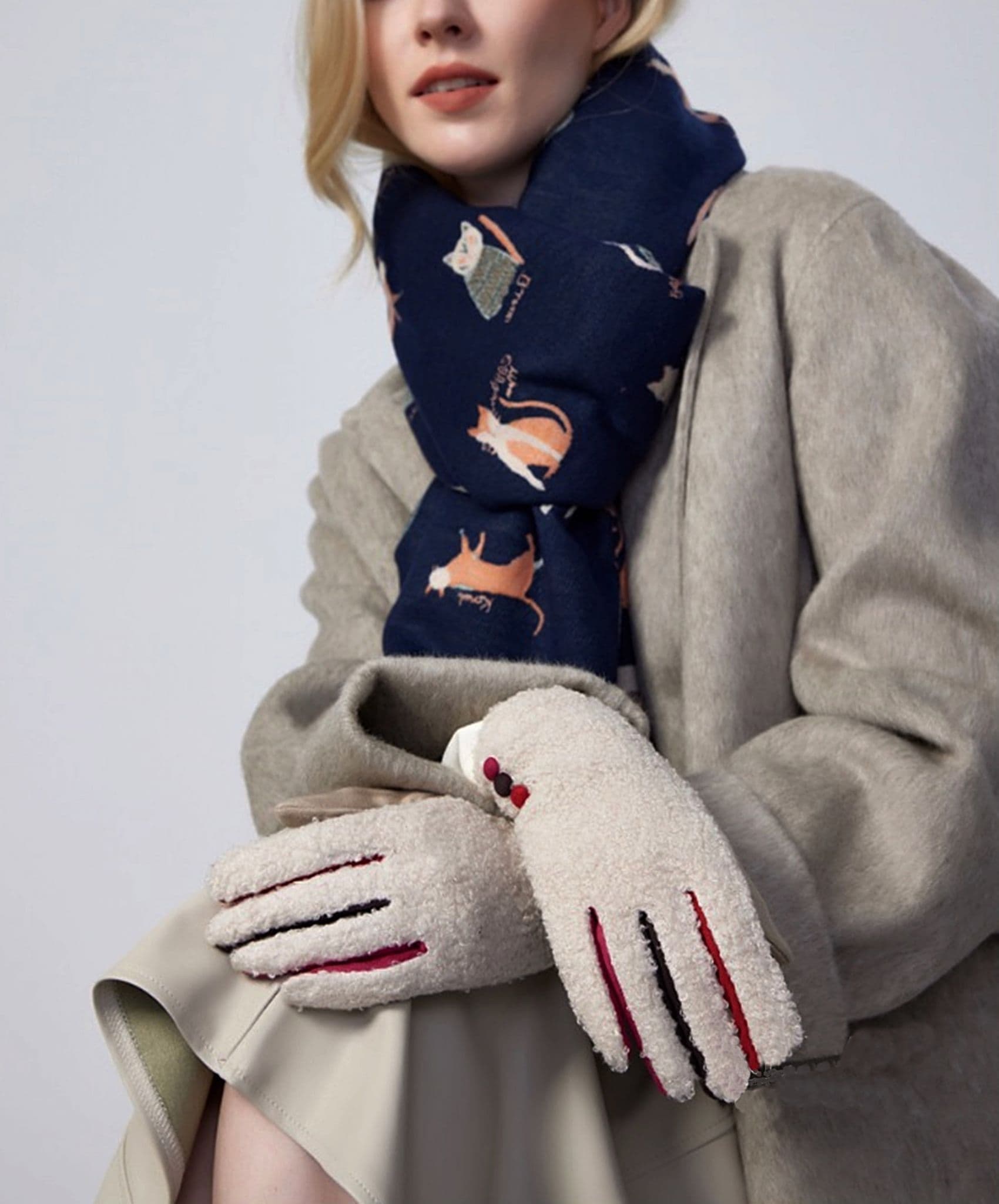 Beige Faux Shearling Gloves Ladies Soft Fashion Gloves with Buttons & Coloured Fingers (One Size)