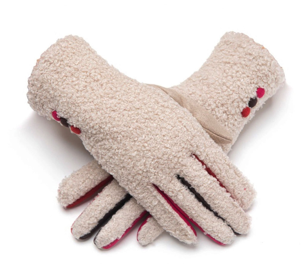 Beige Faux Shearling Gloves Ladies Soft Fashion Gloves with Buttons & Coloured Fingers (One Size)