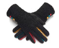 Black Faux Shearling Gloves Ladies Soft Fashion Gloves with Buttons & Coloured Fingers (One Size)