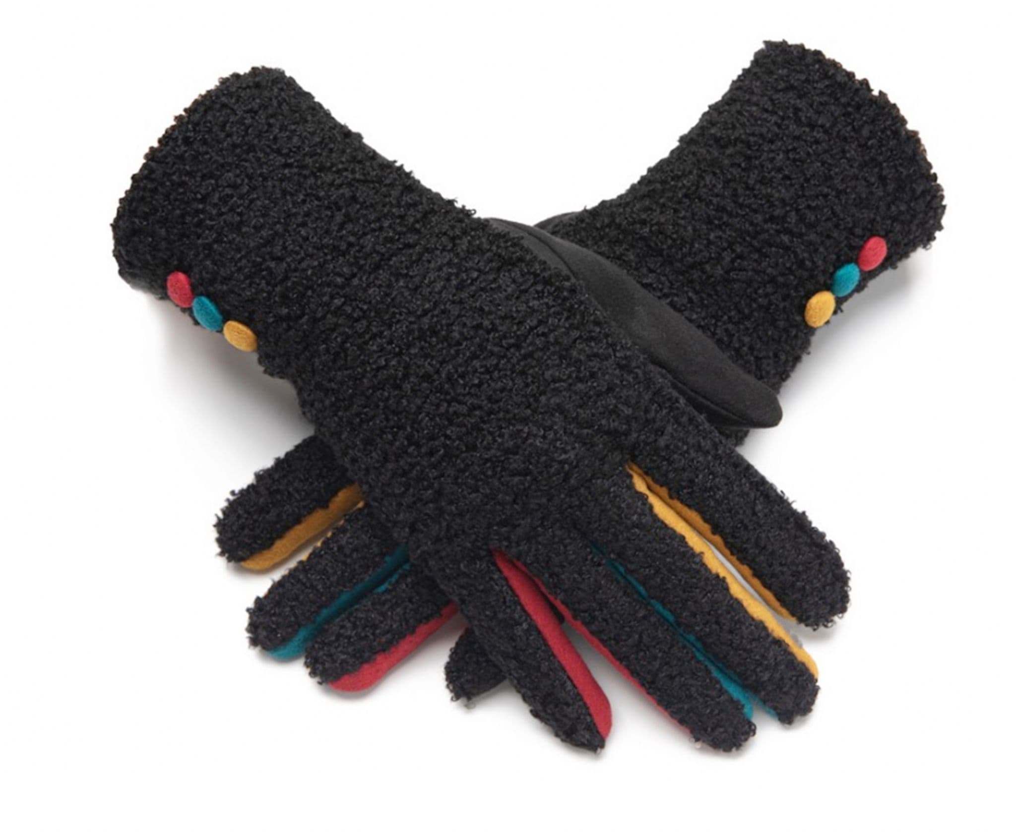 Black Faux Shearling Gloves Ladies Soft Fashion Gloves with Buttons & Coloured Fingers (One Size)