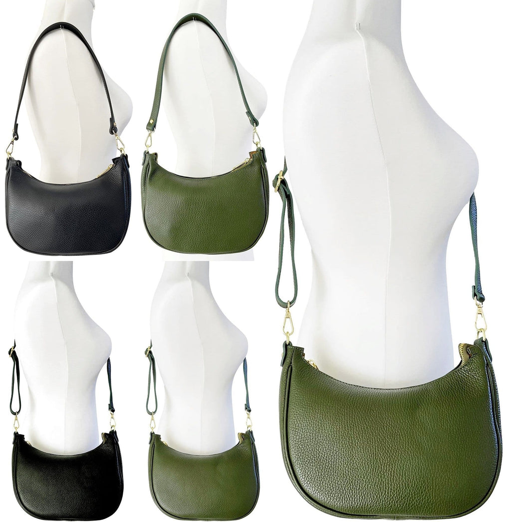 Boat Shape Shoulder Crossbody Bag Italian Pebbled Leather 2 Detachable Straps