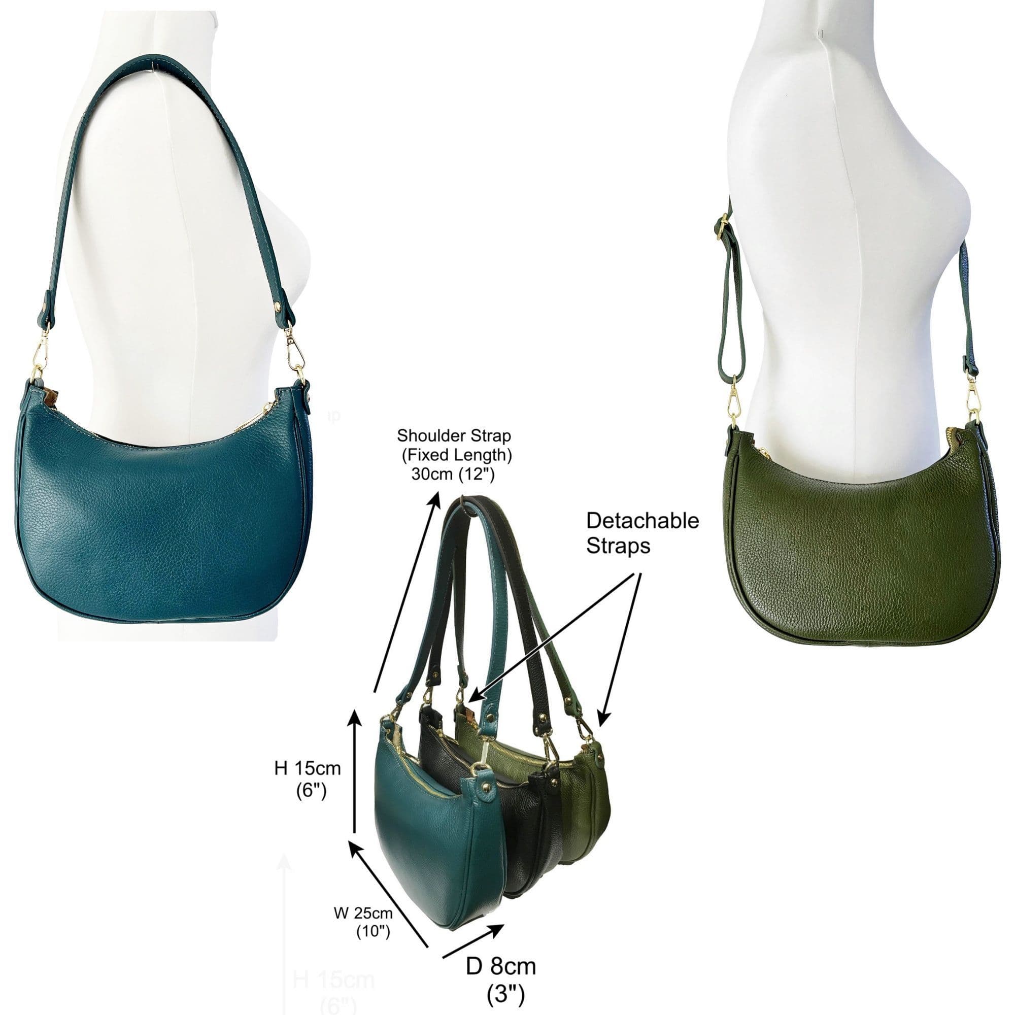 Boat Shape Shoulder Crossbody Bag Italian Pebbled Leather 2 Detachable Straps