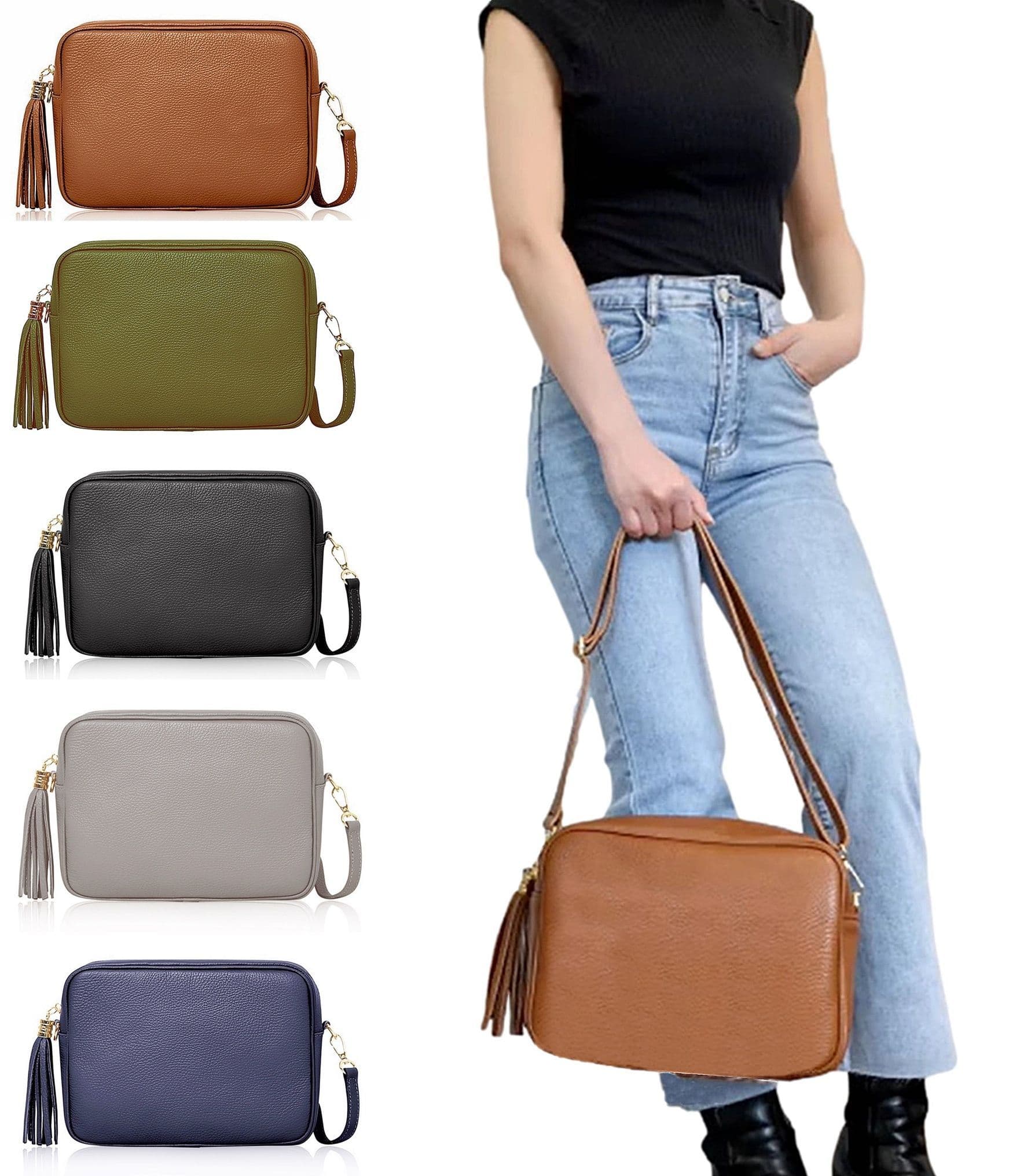 Camera Style Large Bag Italian Leather Tassel  Crossbody Shoulder Handbag (Brighter Colours)