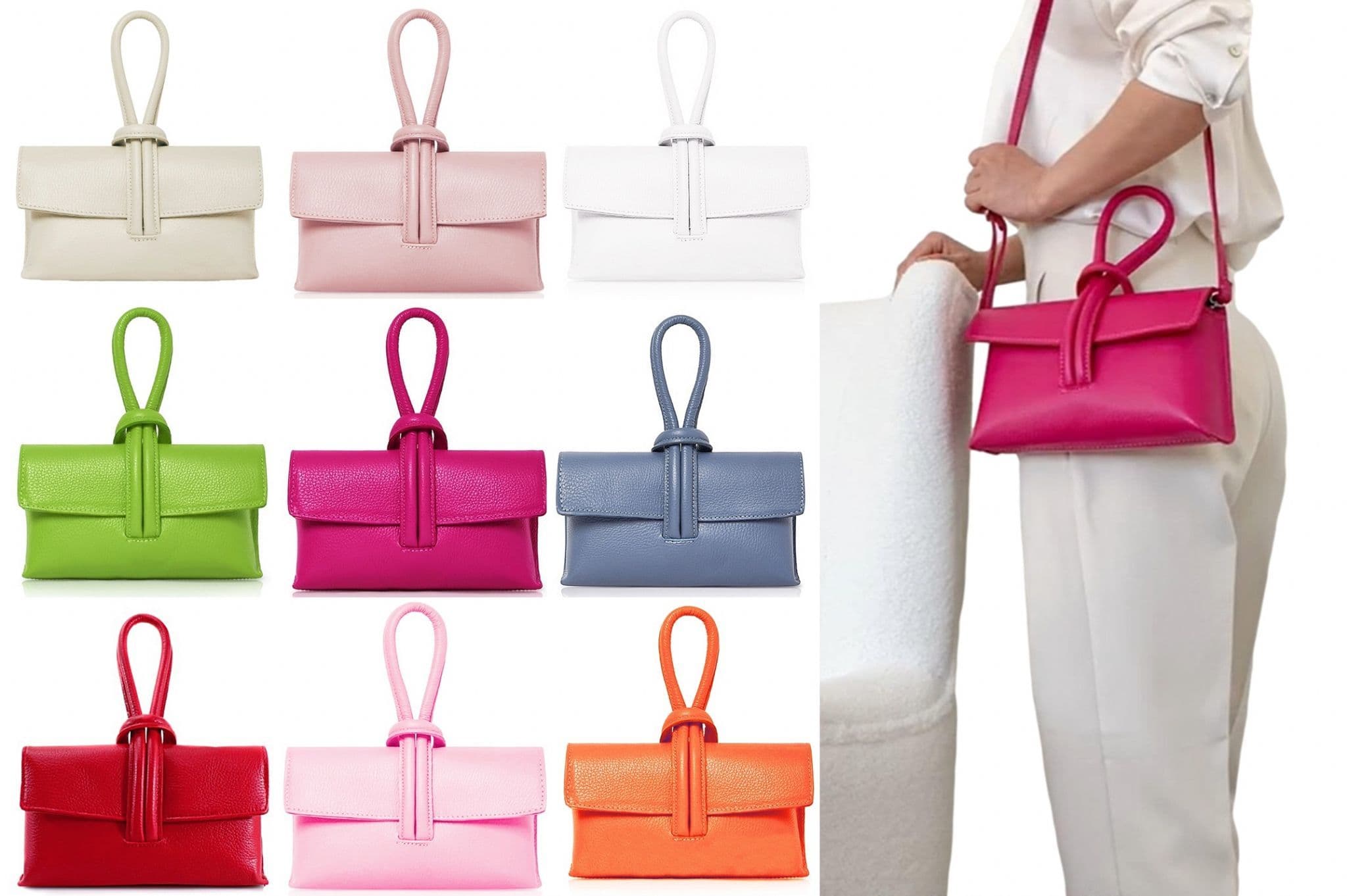 Clutch Wristlet Crossbody Shoulder Bag Small Knot Loop Handle Italian Leather (Brighter Colours)