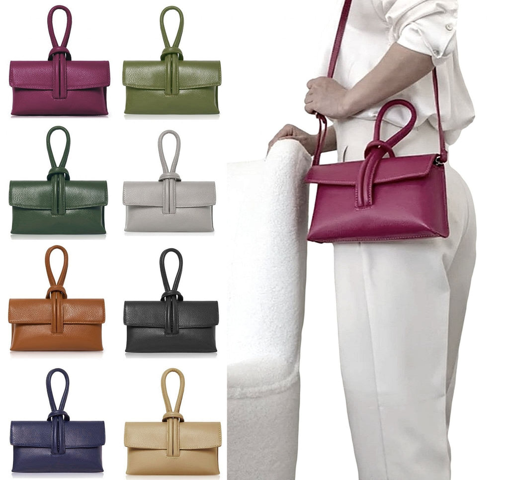 Clutch Wristlet Crossbody Shoulder Bag Small Knot Loop Handle Italian Leather (Dark Colours)