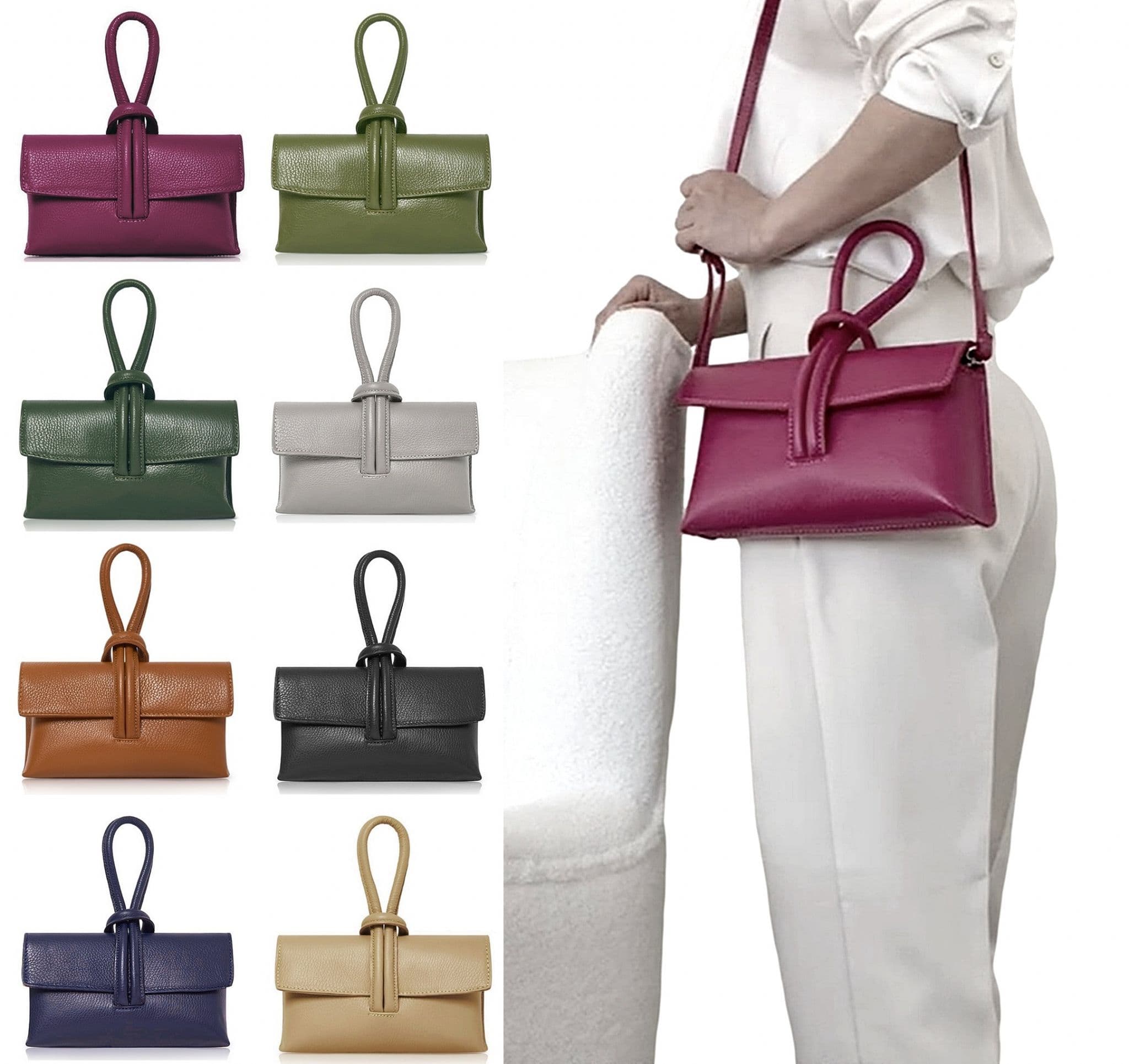 Clutch Wristlet Crossbody Shoulder Bag Small Knot Loop Handle Italian Leather (Dark Colours)