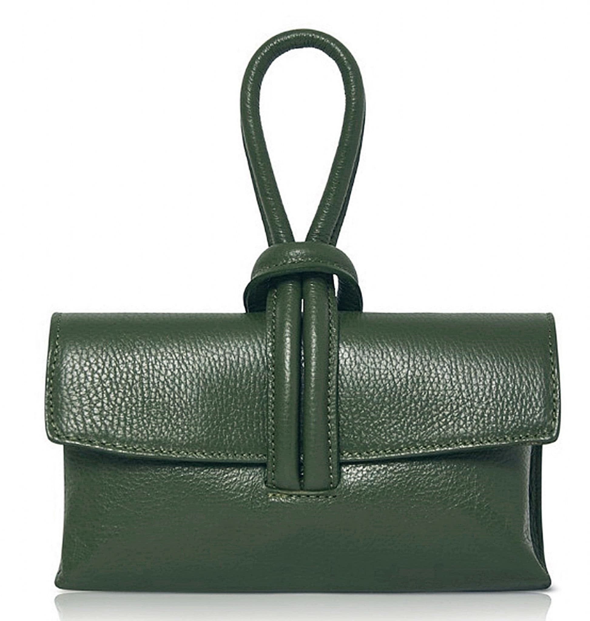 Clutch Wristlet Crossbody Shoulder Bag Small Knot Loop Handle Italian Leather (Dark Colours)