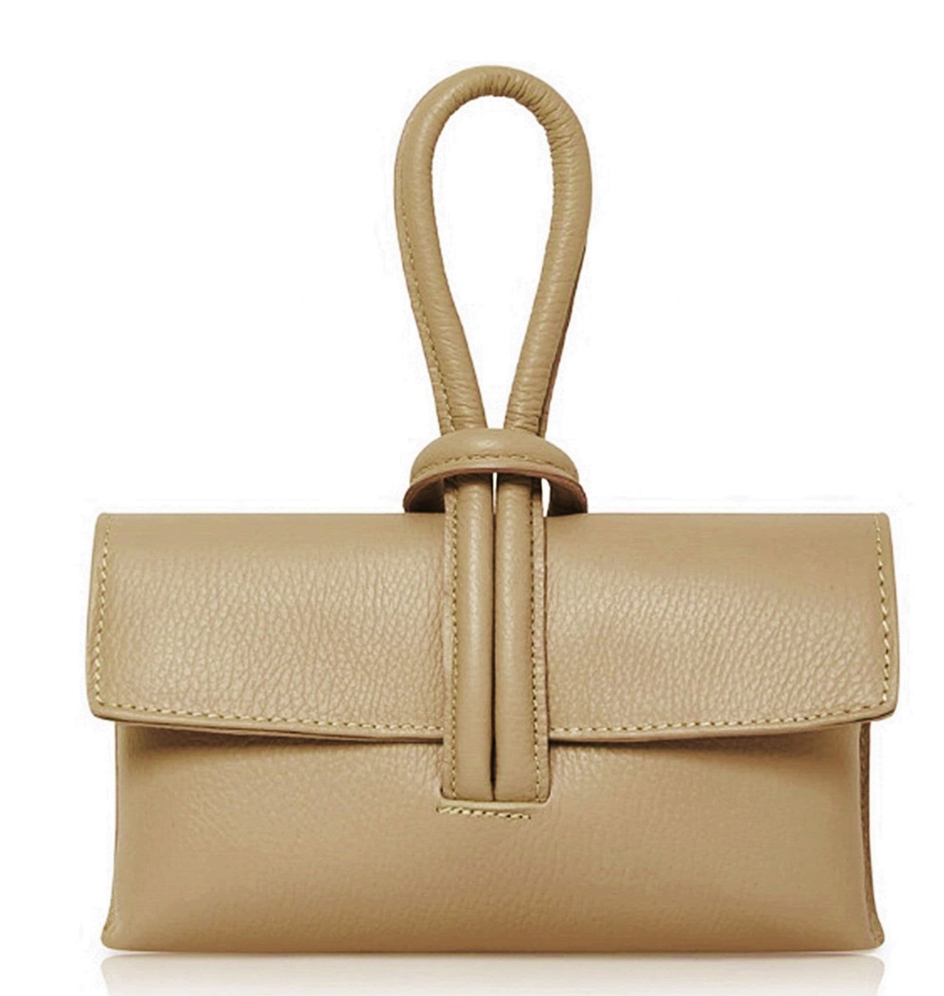 Clutch Wristlet Crossbody Shoulder Bag Small Knot Loop Handle Italian Leather (Dark Colours)