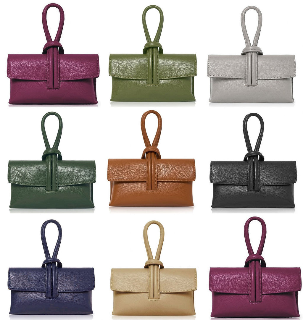 Clutch Wristlet Crossbody Shoulder Bag Small Knot Loop Handle Italian Leather (Dark Colours)