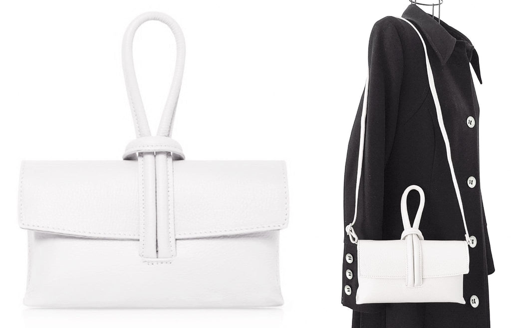 Clutch Wristlet Crossbody Shoulder Bag Small Knot Loop Handle Italian Leather (Dark Colours)