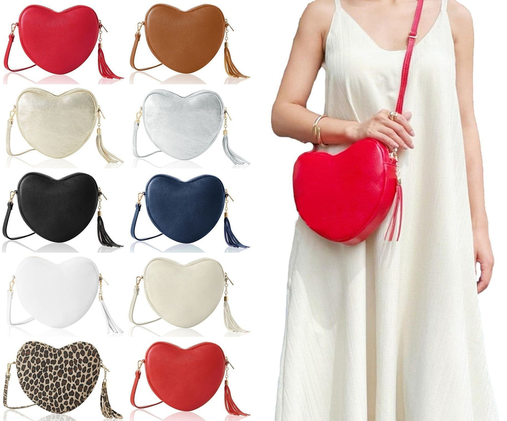 Heart Shaped with Tassel Crossbody Bag Shoulder Grained Italian Leather Handbag