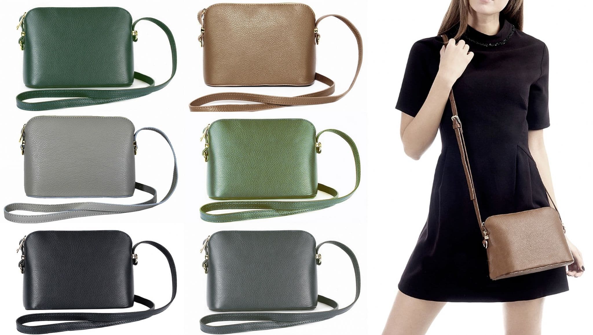 Italian Leather Crossbody Bag Textured Structured Shoulder Bag Adjustable Strap (Lighter Cols)