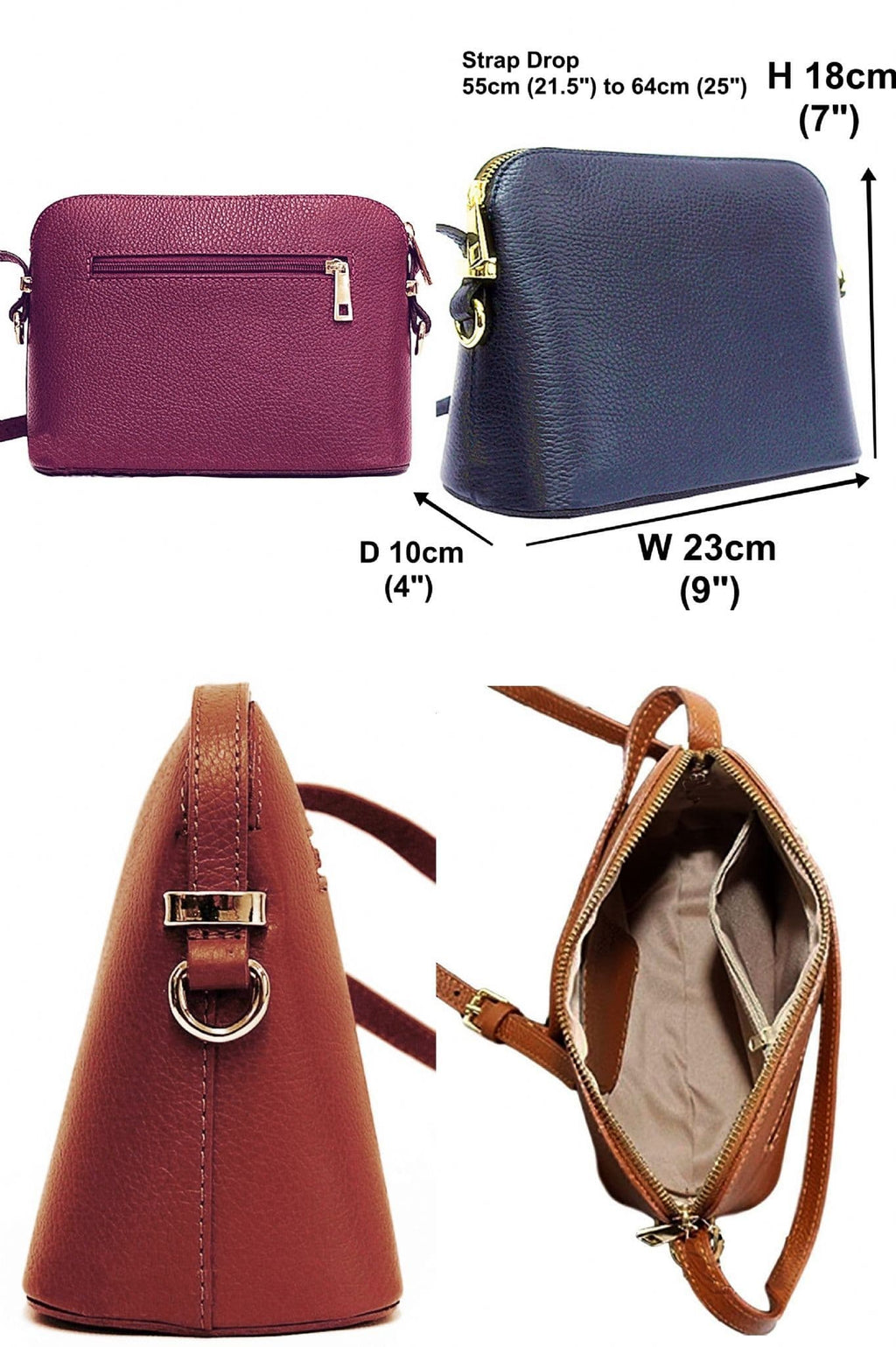 Italian Leather Crossbody Bag Textured Structured Shoulder Bag Adjustable Strap (Lighter Cols)