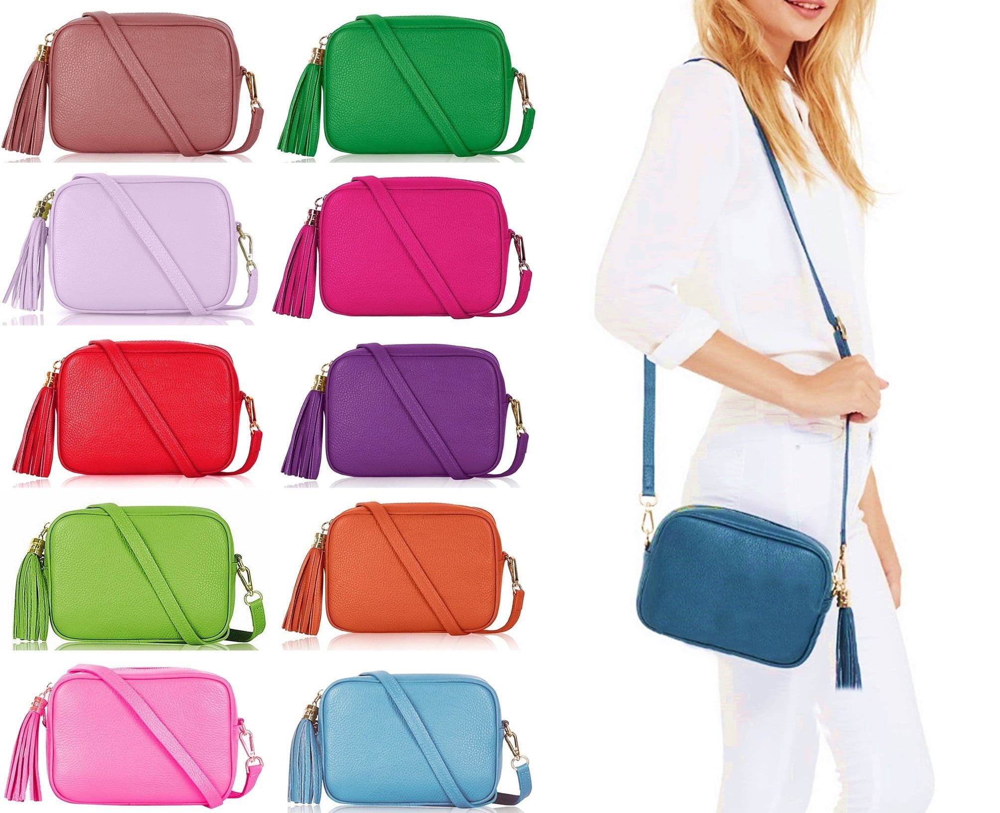 Italian Leather Tassel Crossbody Bag Shoulder Handbag Camera Style Bag High Quality (Darker Colours)