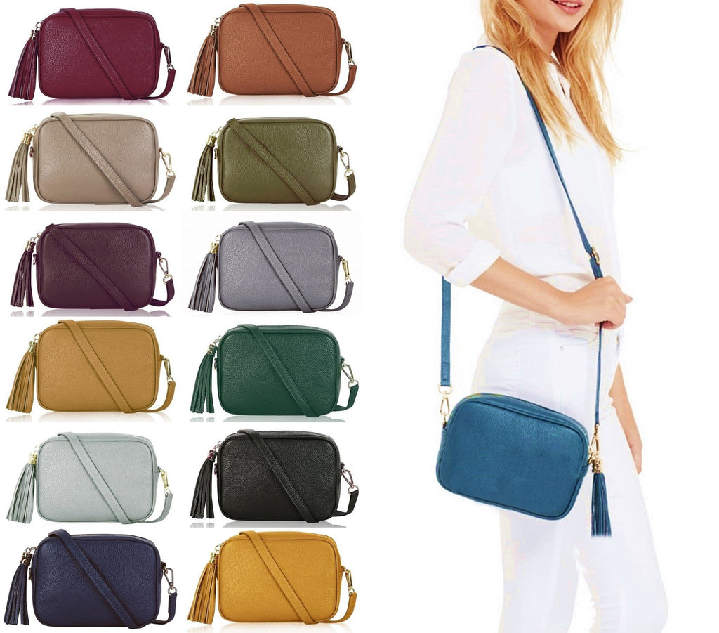 Italian Leather Tassel Crossbody Bag Shoulder Handbag Camera Style Bag High Quality (Darker Colours)