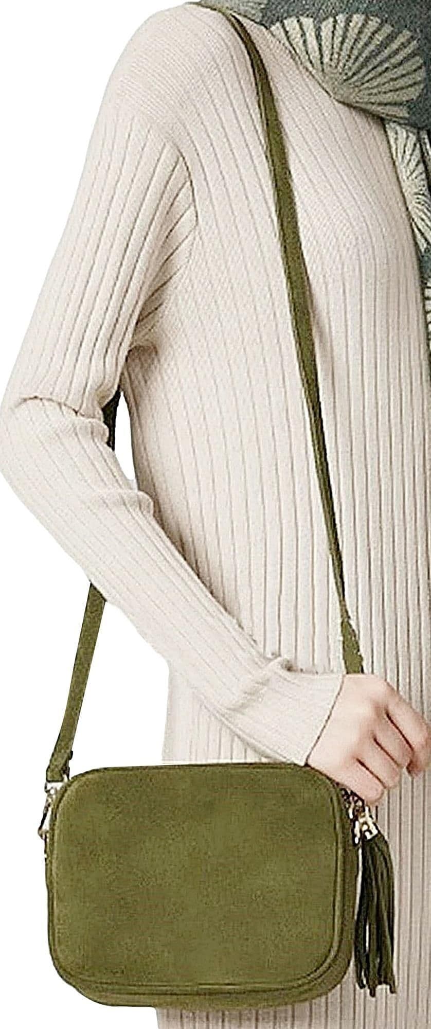 Italian Suede Crossbody Bag Suede Shoulder Handbag Tassel Zip Pull