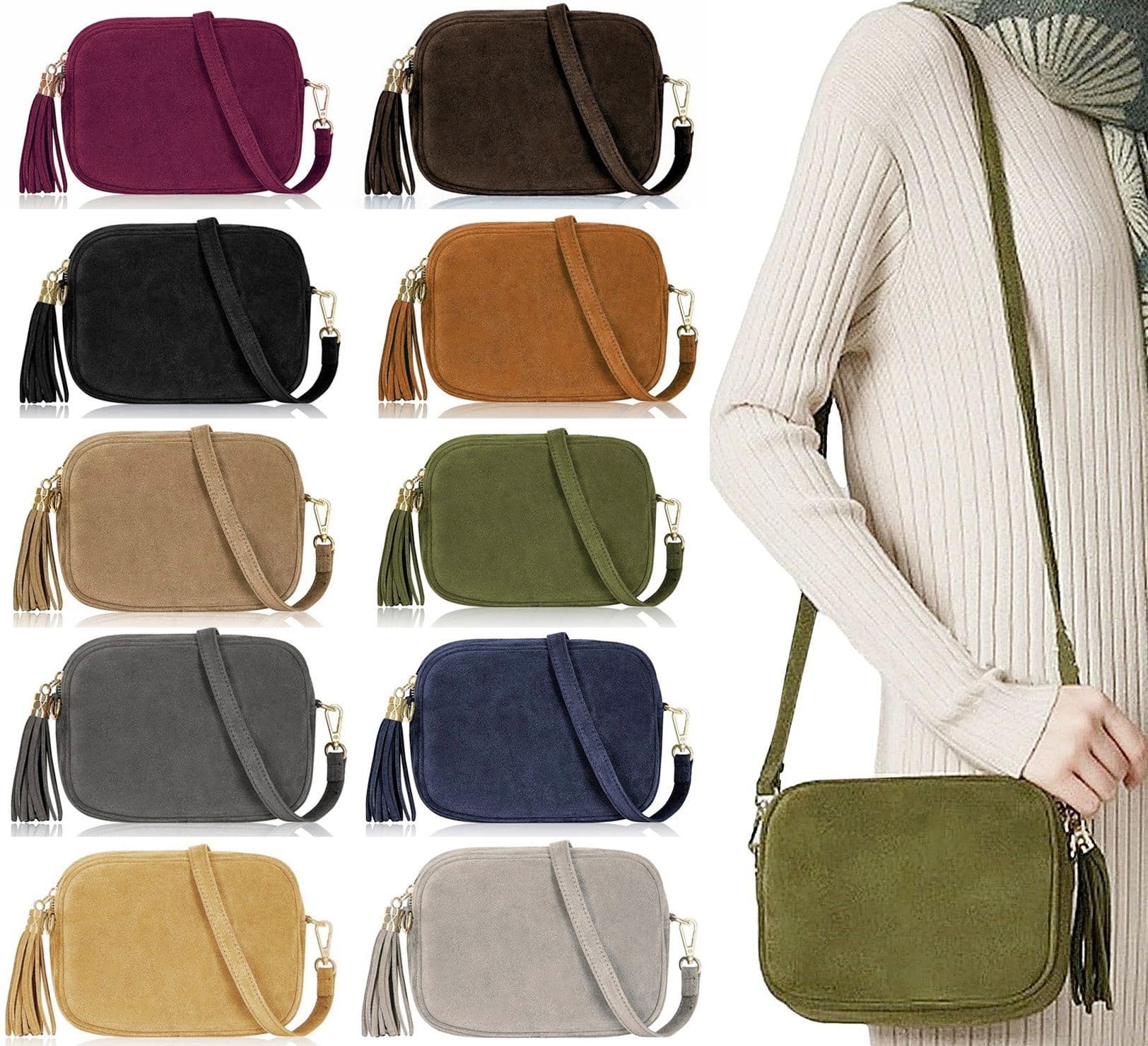 Italian Suede Crossbody Bag Suede Shoulder Handbag Tassel Zip Pull