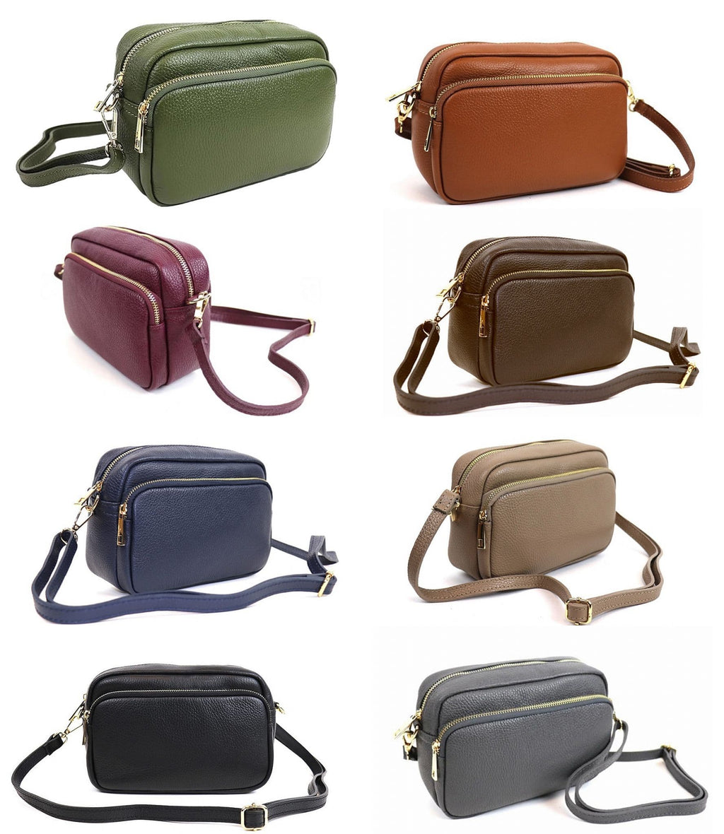 Large Camera Bag Double Zip & Compartment Crossbody Shoulder Italian Leather (Lighter Colours)