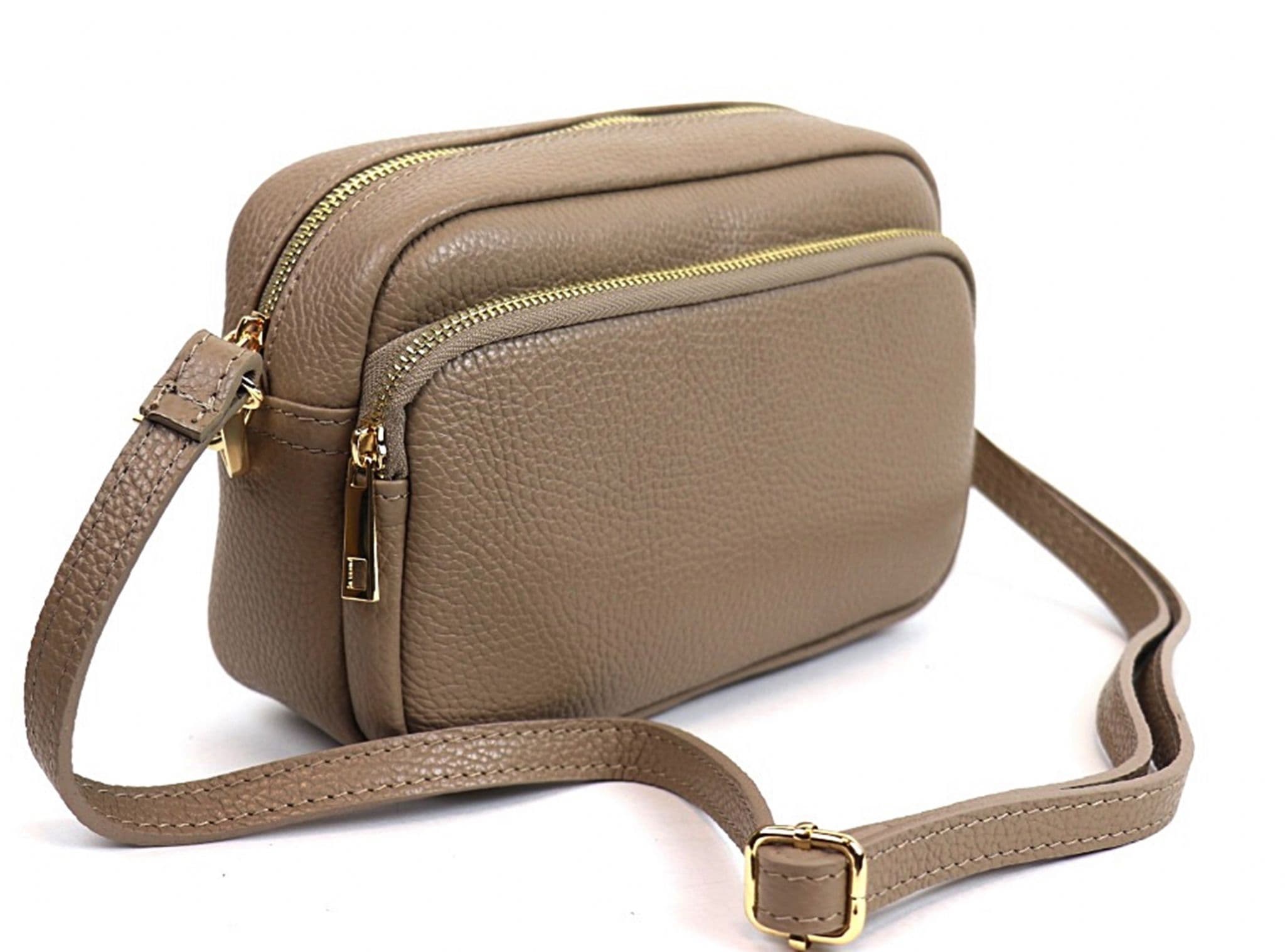 Large Camera Bag Double Zip & Compartment Crossbody Shoulder Italian Leather (Lighter Colours)