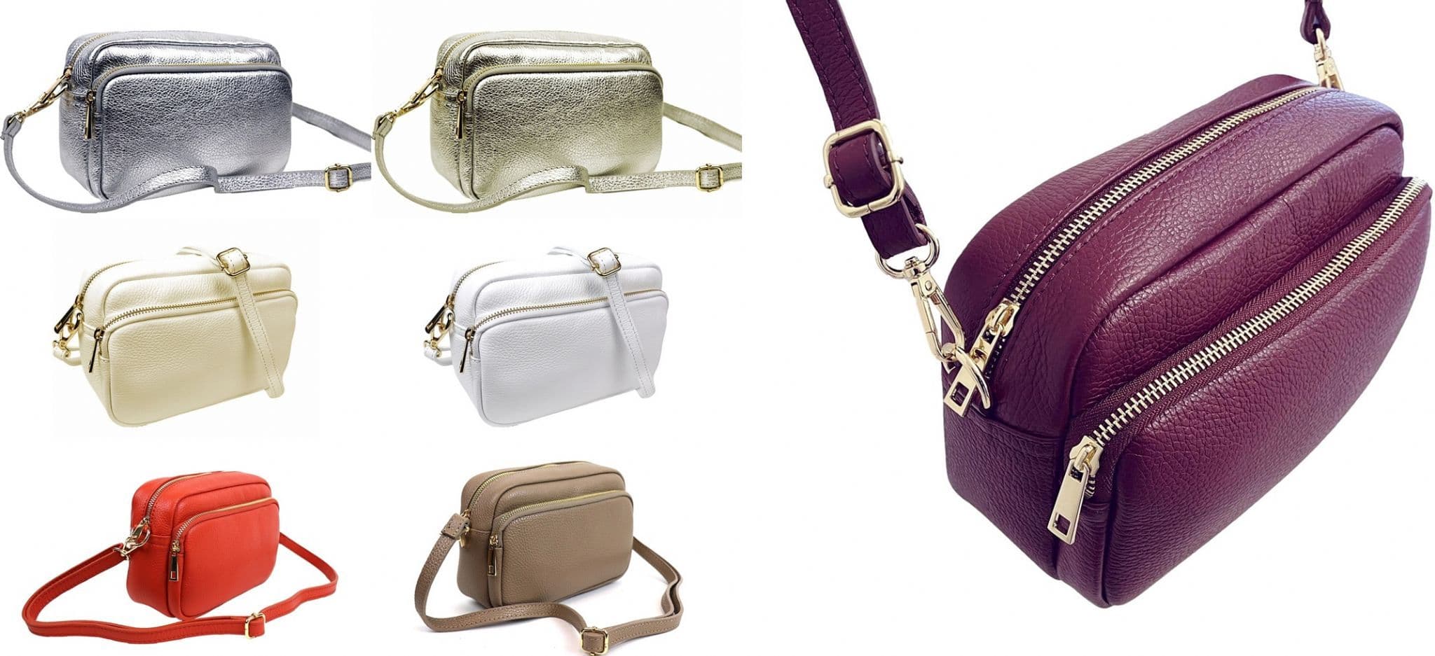 Large Camera Bag Double Zip & Compartment Crossbody Shoulder Italian Leather (Lighter Colours)