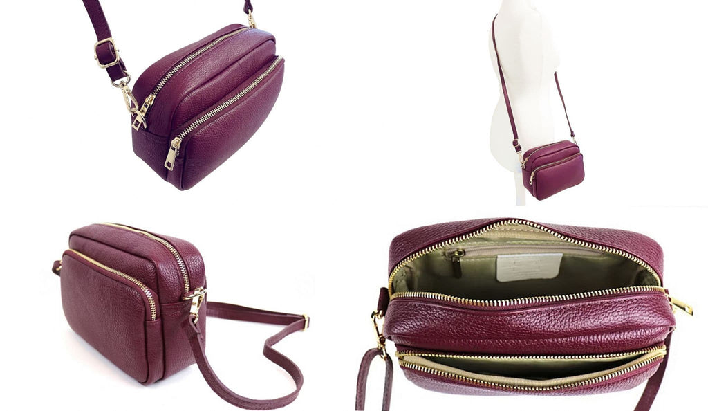 Large Camera Bag Double Zip & Compartment Crossbody Shoulder Italian Leather (Lighter Colours)