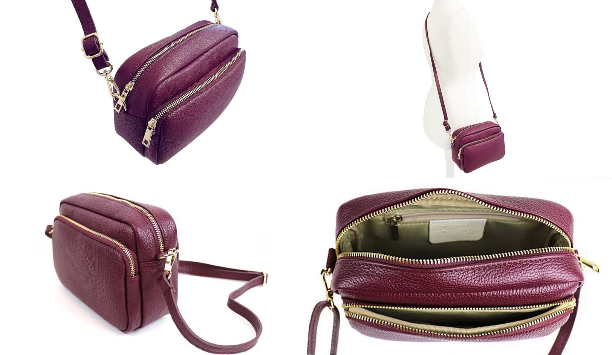 Large Camera Bag Double Zip & Compartment Crossbody Shoulder Italian Leather (Lighter Colours)
