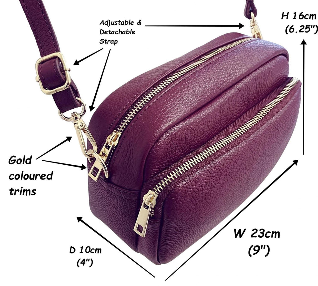 Large Camera Bag Double Zip & Compartment Crossbody Shoulder Leather Handbag (Darker Colours)