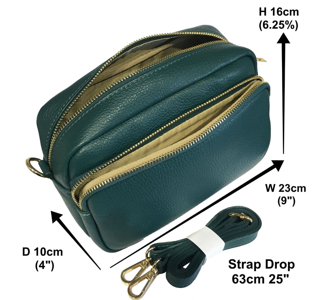 Large Camera Bag Double Zip & Compartment Crossbody Shoulder Leather Handbag (Darker Colours)