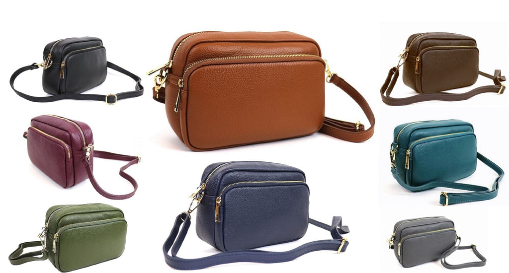 Large Camera Bag Double Zip & Compartment Crossbody Shoulder Leather Handbag (Darker Colours)