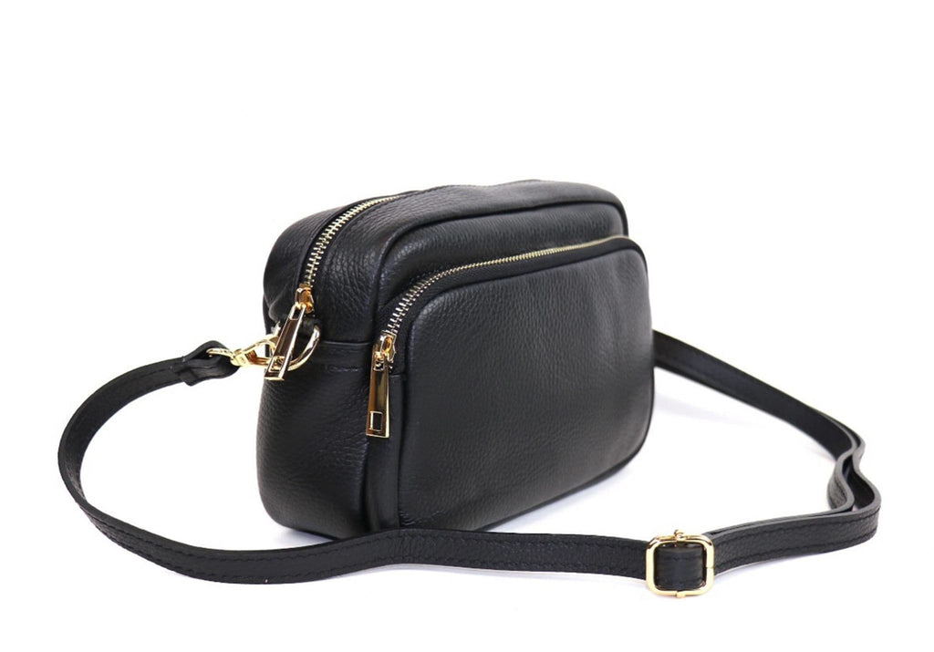 Large Camera Bag Double Zip & Compartment Crossbody Shoulder Leather Handbag (Darker Colours)