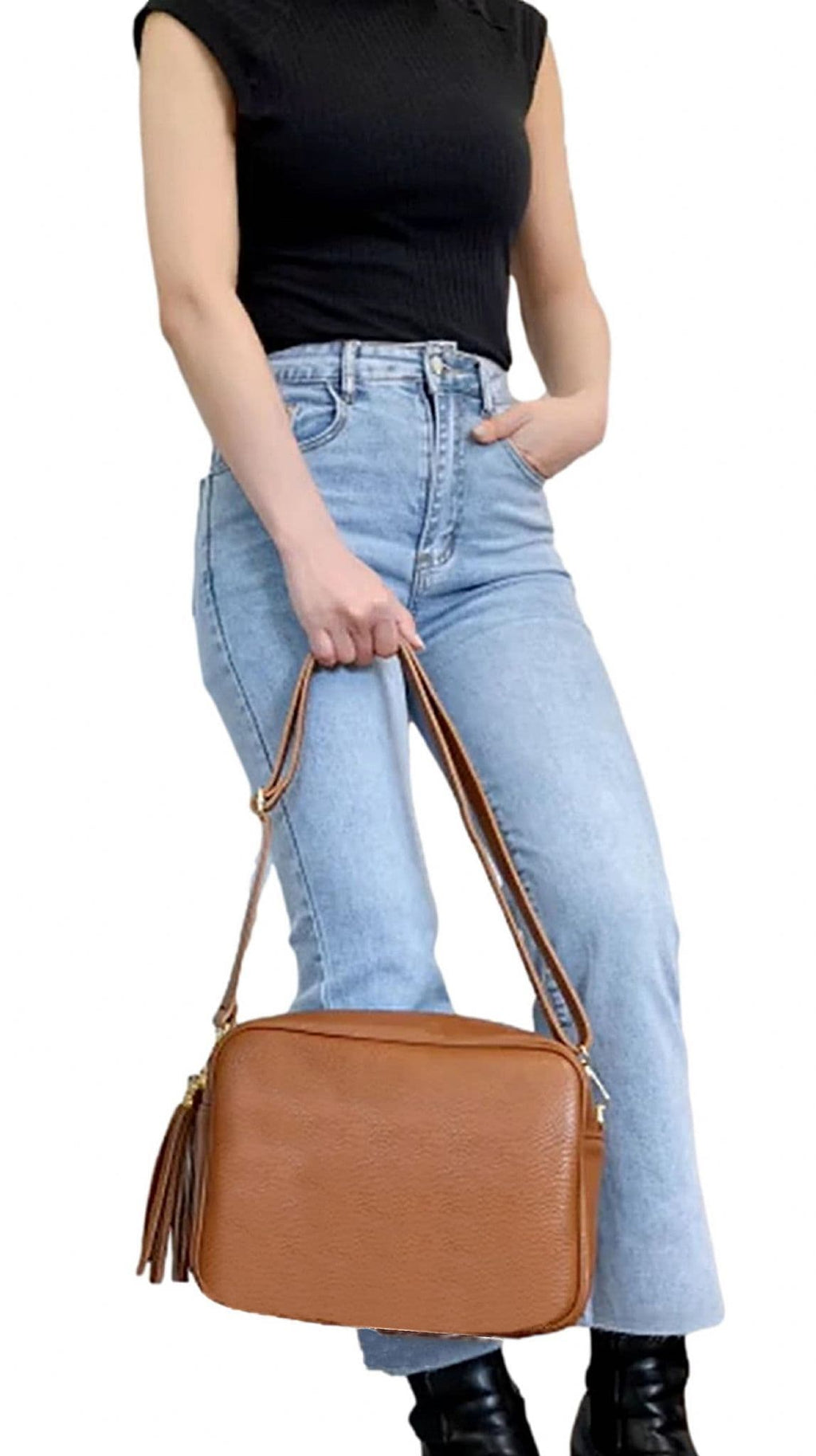 Large Crossbody Bag Italian Leather Tassel Shoulder Handbag Camera Style (Darker Colours)