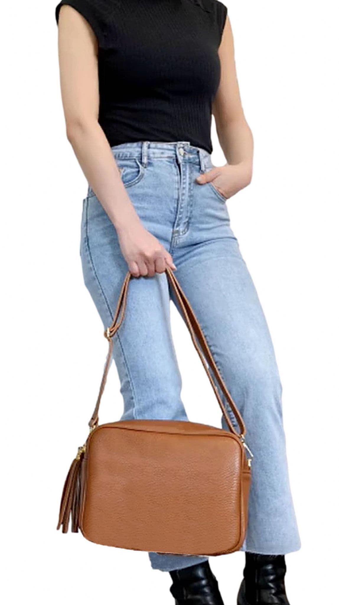Large Crossbody Bag Italian Leather Tassel Shoulder Handbag Camera Style (Darker Colours)