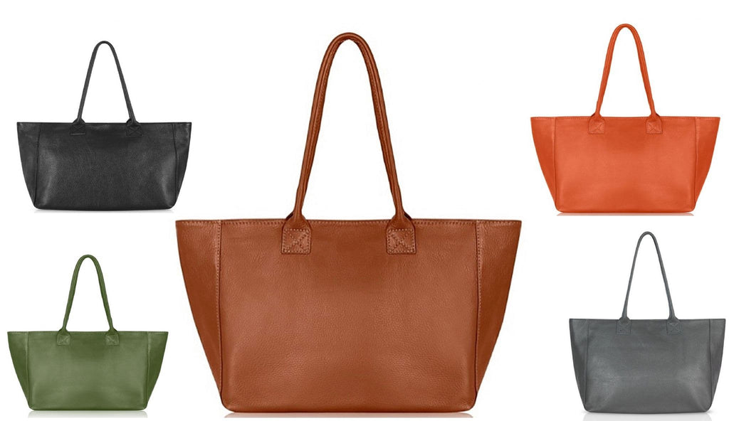 Large Wide Leather Tote Bag Overnight Shoulder Shopper Bag Handbag Italian Soft Pebbled Leather