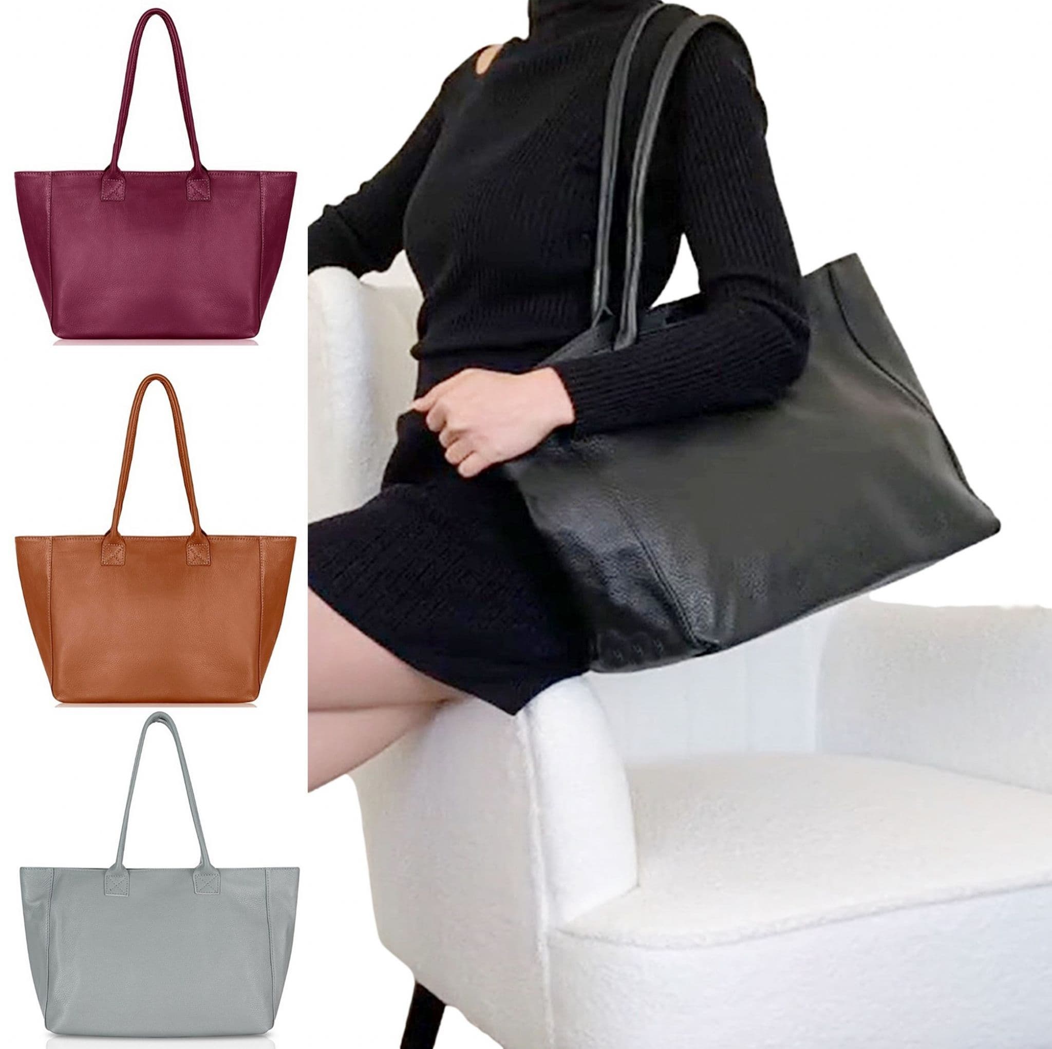 Large Wide Leather Tote Bag Overnight Shoulder Shopper Bag Handbag Italian Soft Pebbled Leather