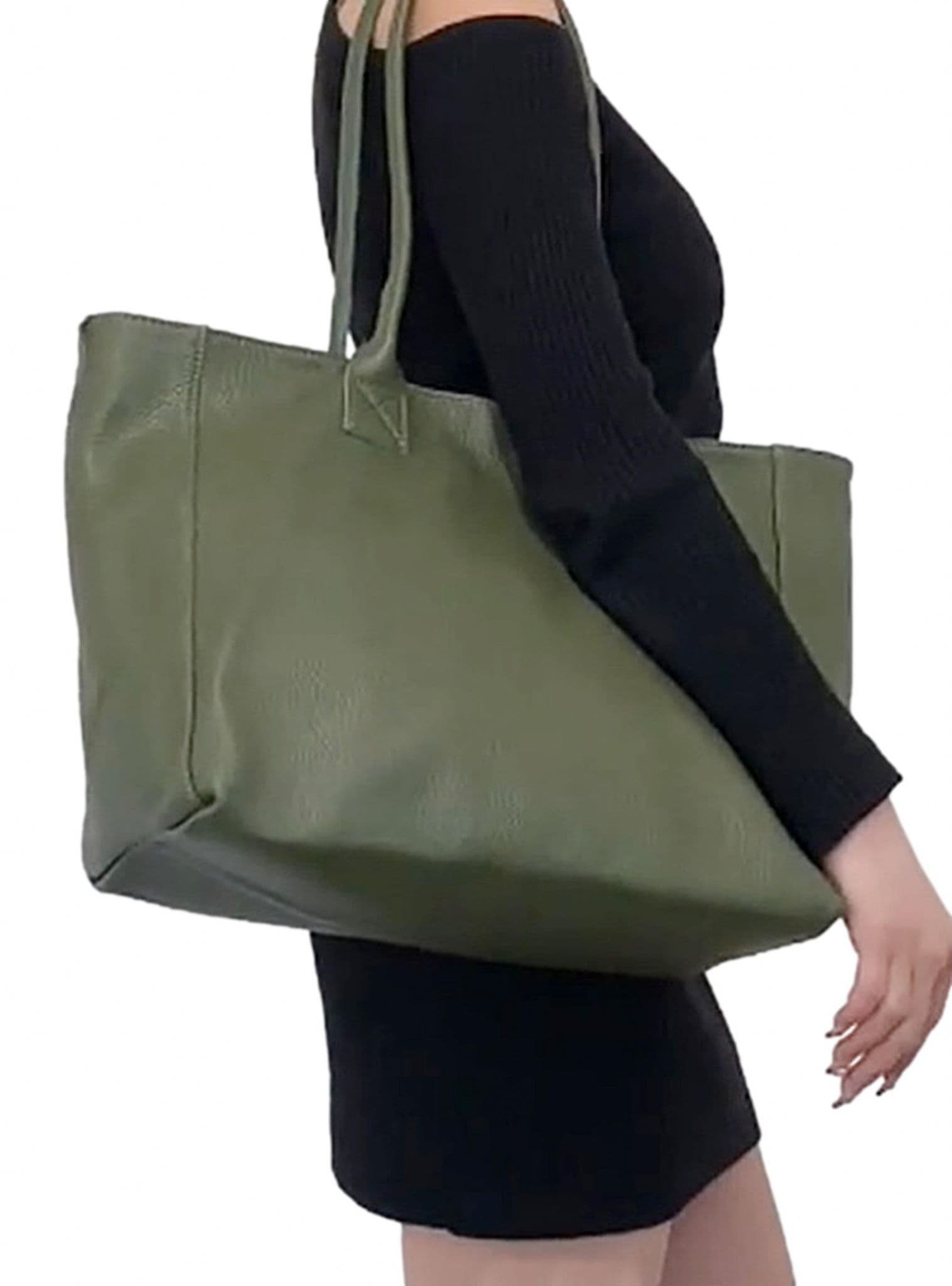 Large Wide Leather Tote Bag Overnight Shoulder Shopper Bag Handbag Italian Soft Pebbled Leather