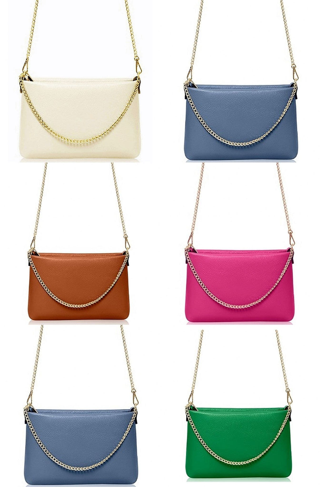 Leather Clutch Crossbody Shoulder Bag, 2 Gold Chain Straps 3 in 1 Ways To Wear (Brighter Colours)