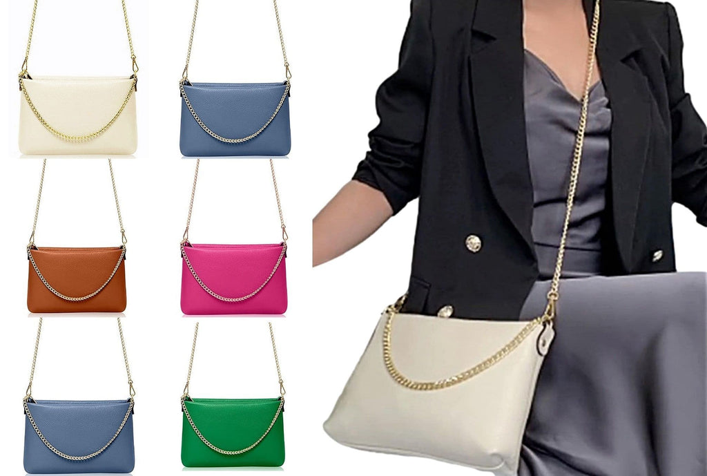 Leather Clutch Crossbody Shoulder Bag, 2 Gold Chain Straps 3 in 1 Ways To Wear (Brighter Colours)