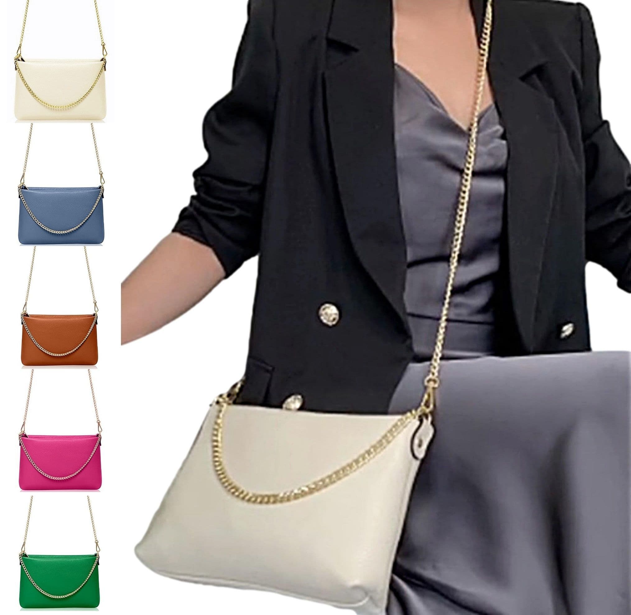 Leather Clutch Crossbody Shoulder Bag, 2 Gold Chain Straps 3 in 1 Ways To Wear (Brighter Colours)