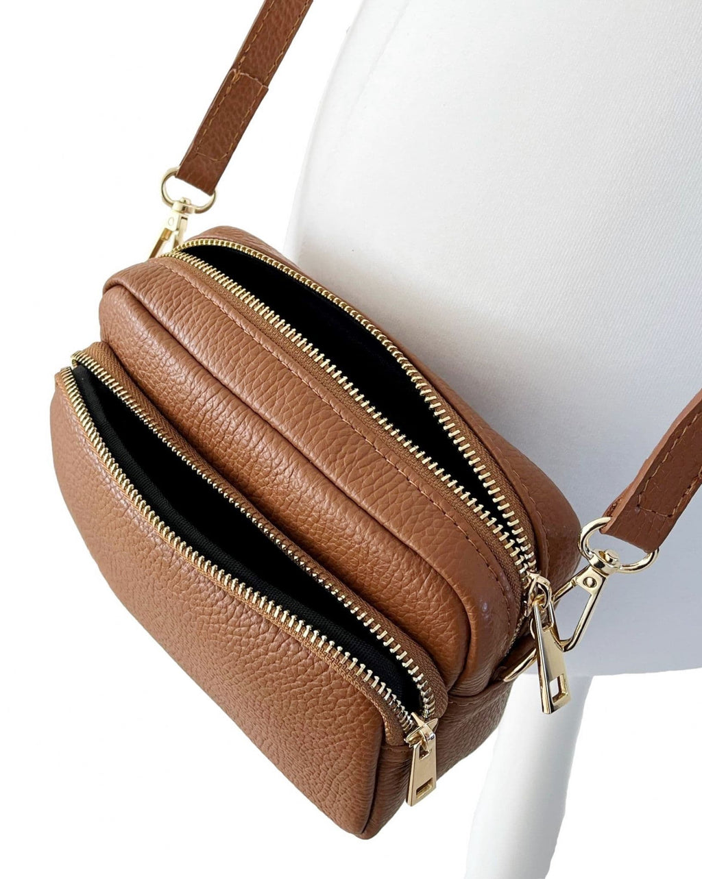 Leather Crossbody Bag Double Zipped & Compartments Shoulder Bag  Italian Leather Sm  Lighter Cols